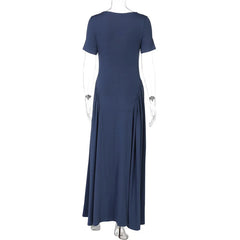 Navy blue dress on a mannequin against a white background