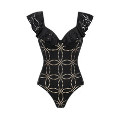 Black Laser Cut Geometric Print Ruffle Swimsuit and Skirt Set