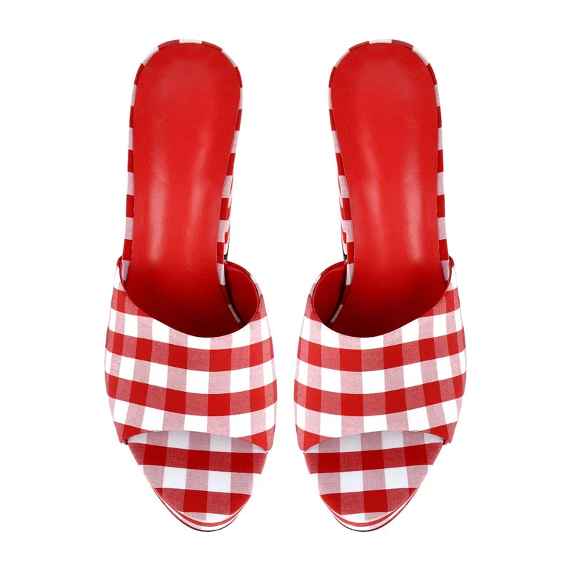 Gingham Platform Block Heel Sandals