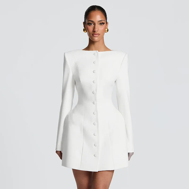 White button front structured blazer on white background