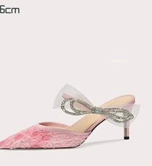 Pink Bow Gem Slippers | High-Heel Butterfly-Knot Summer Mules