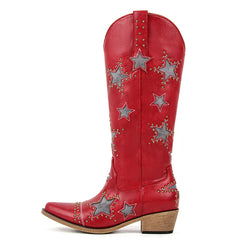 Red cowboy boot with star patterns on a white background