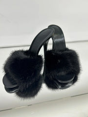 Faux Fur Slide High Heel Mules