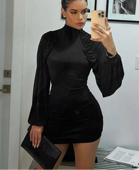 Ruched Mock Neck Long Sleeve Mini Dress