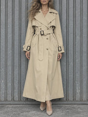 Full view of beige belted double-breasted jacket