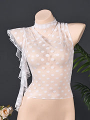 Polka Dot Mesh Ruffle Crop Top