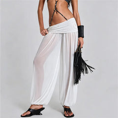 White mesh harem trousers with a rhinestone waistband