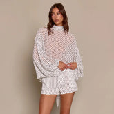 White polka dot turtleneck chiffon top and shorts set