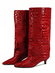Red kitten heel crocodile pattern knee high boots