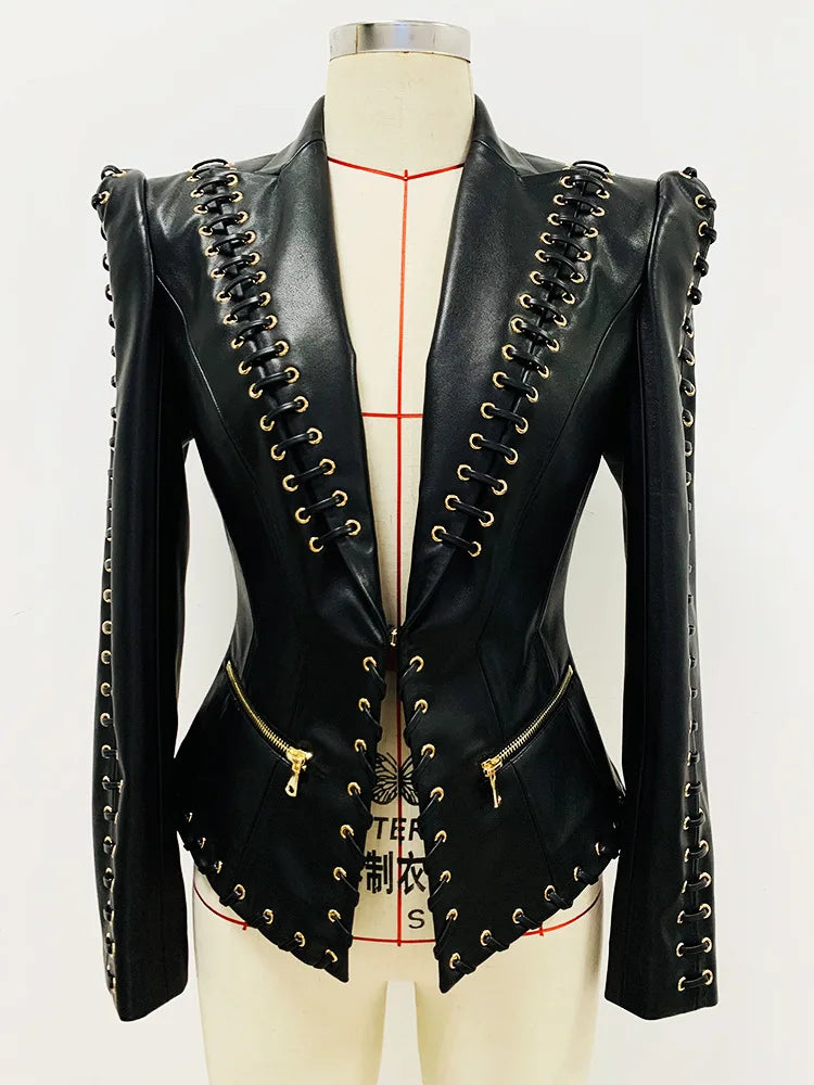 Black lace-up embellished fitted blazer on mannequin