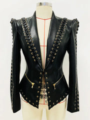 Black lace-up embellished fitted blazer on mannequin