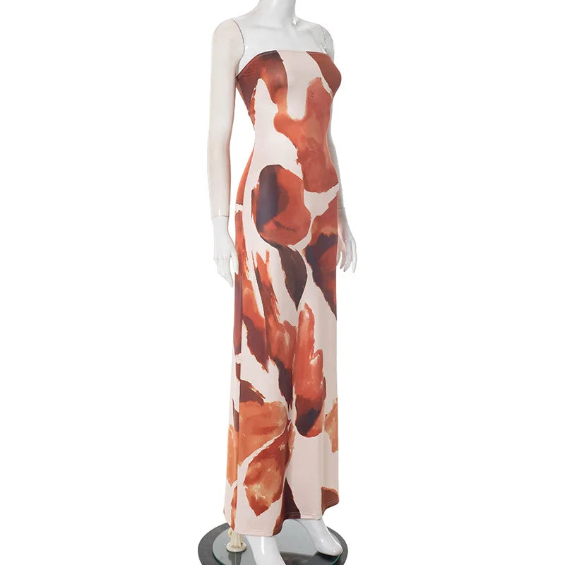 Mannequin wearing a dress with a floral pattern on a white background
