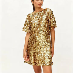 Gold sparkly sequins round neck mini dress