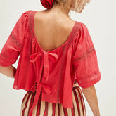 Red lace trim square neck crop top with bow back detail