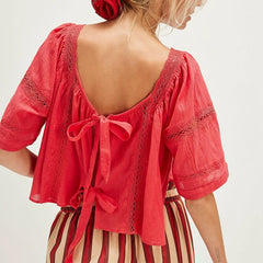 Red lace trim square neck crop top with bow back detail