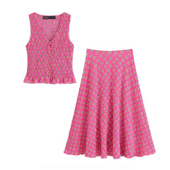 Pink Printed Ruched Tank Top And Maxi Skirt Set