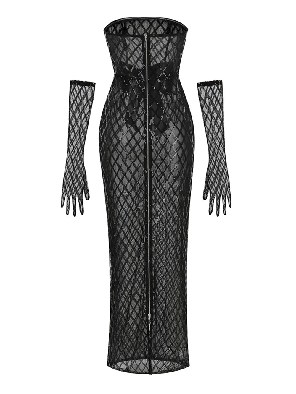 Black mesh dress with matching gloves on a white background