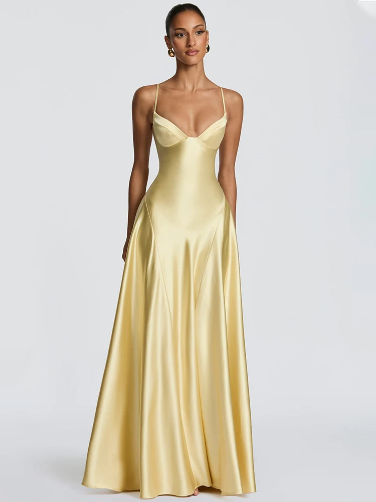 Yellow satin spaghetti strap deep V-neck maxi dress