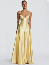 Yellow satin spaghetti strap deep V-neck maxi dress