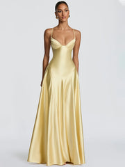 Yellow satin spaghetti strap deep V-neck maxi dress