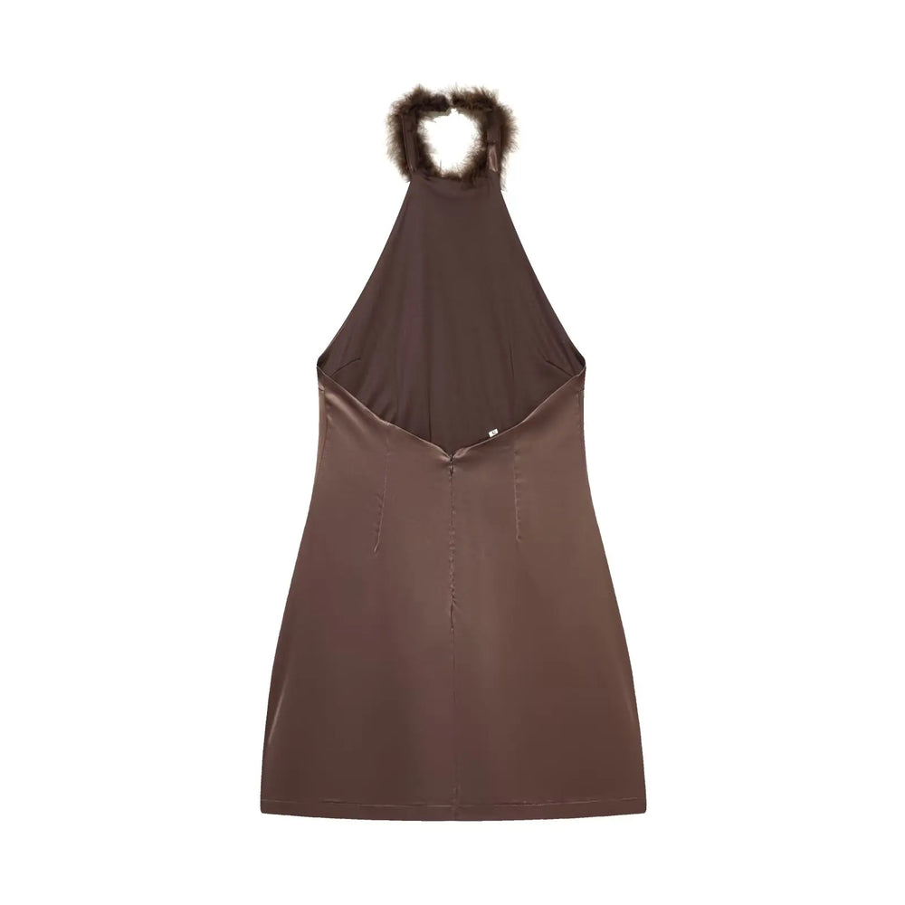 Brown halter dress with fur trim on a white background