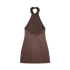 Brown halter dress with fur trim on a white background