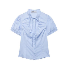 Pleated Hollow Out Front Tie Short Sleeve Top