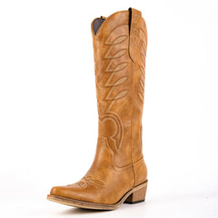 Brown faux leather knee-high boot with pointed toe and intricate stitching detail