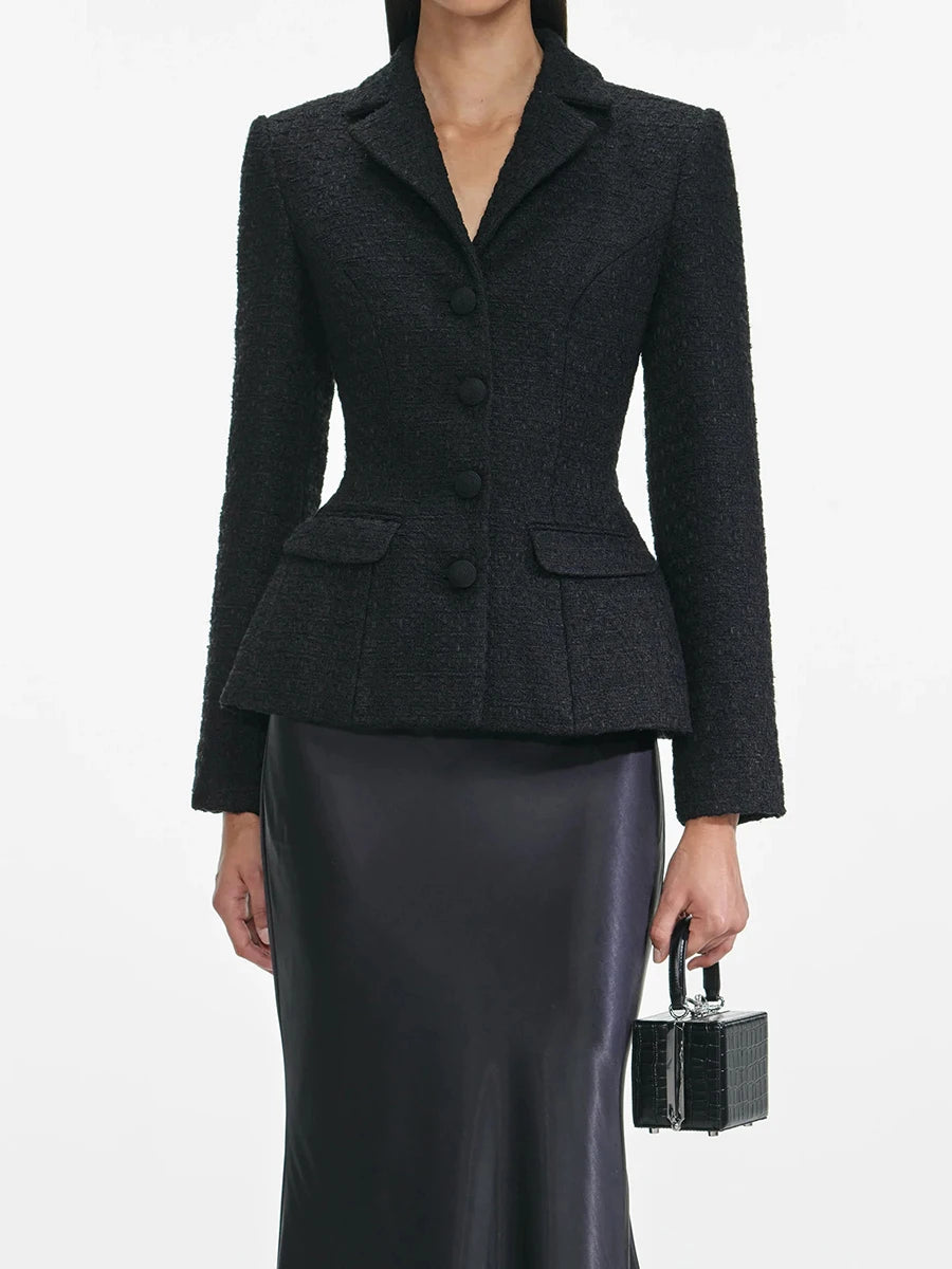 Formal black co-ord set with tweed jacket and satin mermaid silhouette