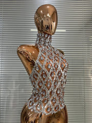 Back view of sparkling mesh halter neck top in rose gold.