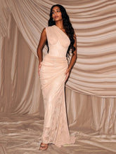 Apricot one shoulder lace maxi dress with draped detail.