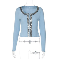 Sequin Patchwork O-neck Long Sleeve Top