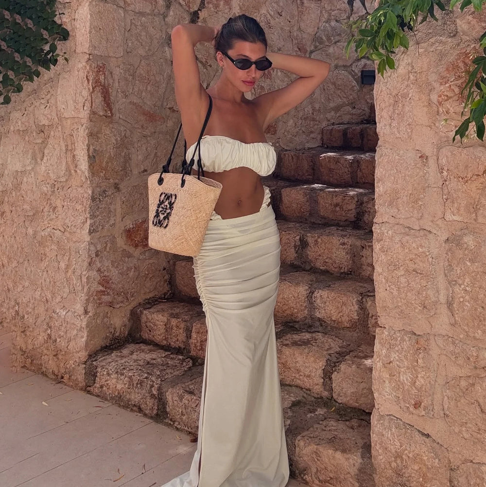 Monochrome bikini top and long skirt set