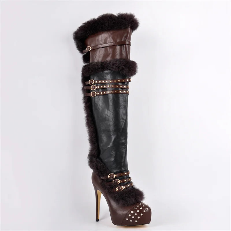 Over the knee boots with faux fur trim and studded buckle straps