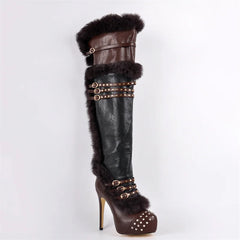 Over the knee boots with faux fur trim and studded buckle straps