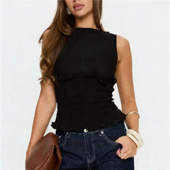 Smocked Sleeveless Boat Neck Tank Top in Black