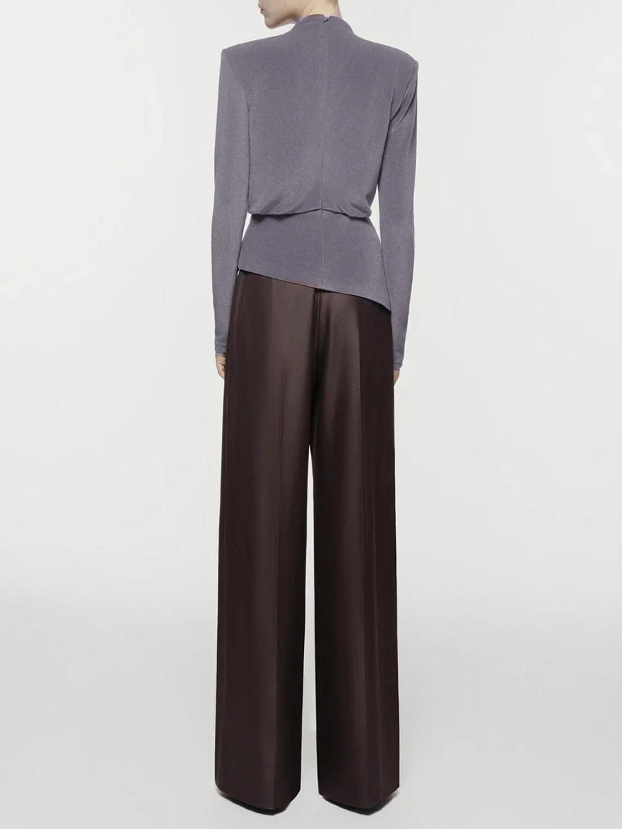 Draped mock neck long sleeve ruched top with buckle accent back view