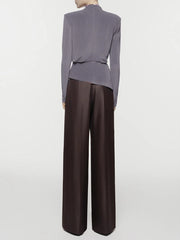 Draped mock neck long sleeve ruched top with buckle accent back view