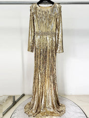 Gold & Black Sequin Gown | Elegant Long Sleeve Evening Dress