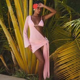 Pink mesh beach cover-up and bikini set with beaded straps