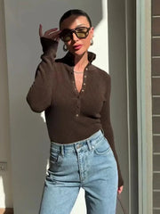 High-Neck Button-Up Ribbed Knit Top