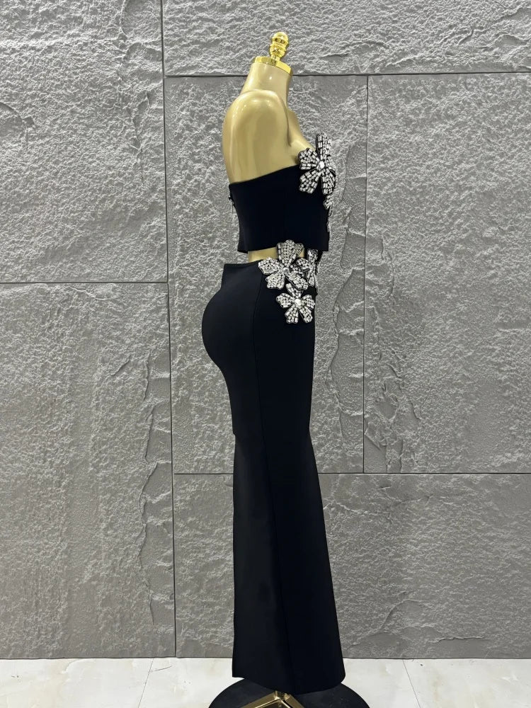Black diamond flower two-piece bodycon long dress.