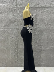 Black diamond flower two-piece bodycon long dress.