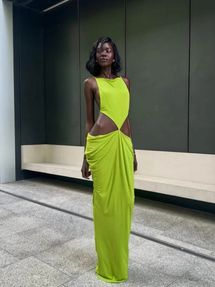 Cut-out halter maxi dress with draped skirt detail
