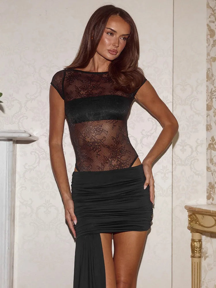 Sheer lace bodysuit with ruched mini skirt set