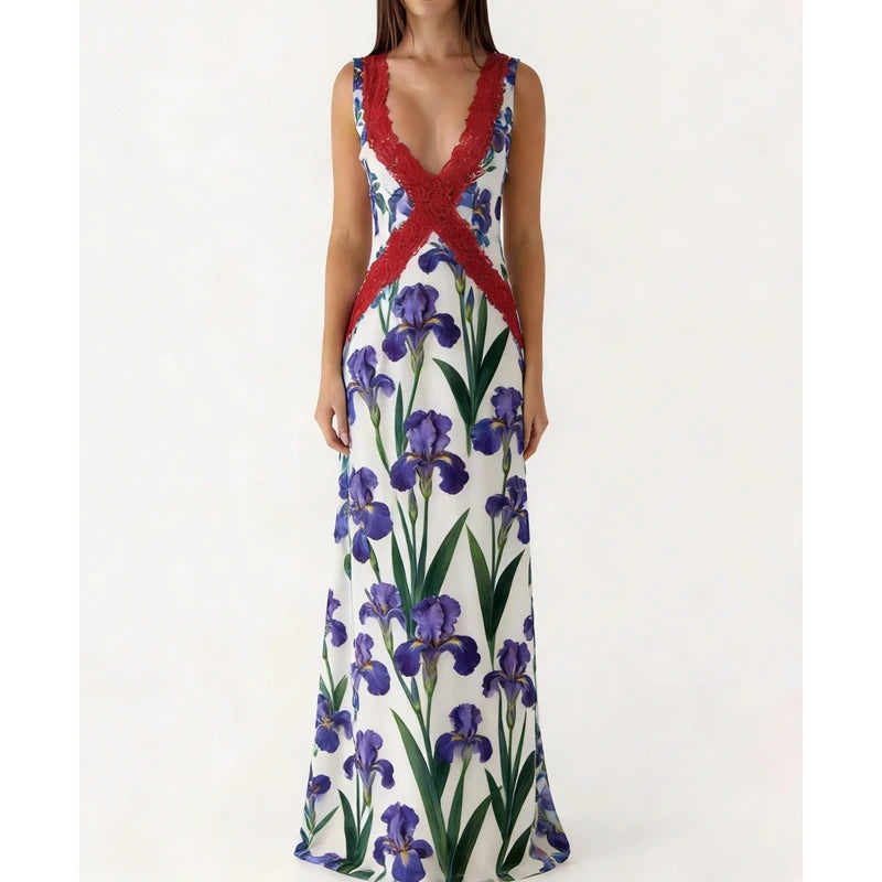 Floral print maxi dress with red lace V-neck detail, front view