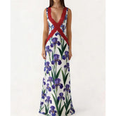 Floral print maxi dress with red lace V-neck detail, front view