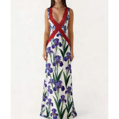 Floral print maxi dress with red lace V-neck detail, front view