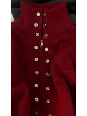 Mock Neck Zipper Button Knit Top