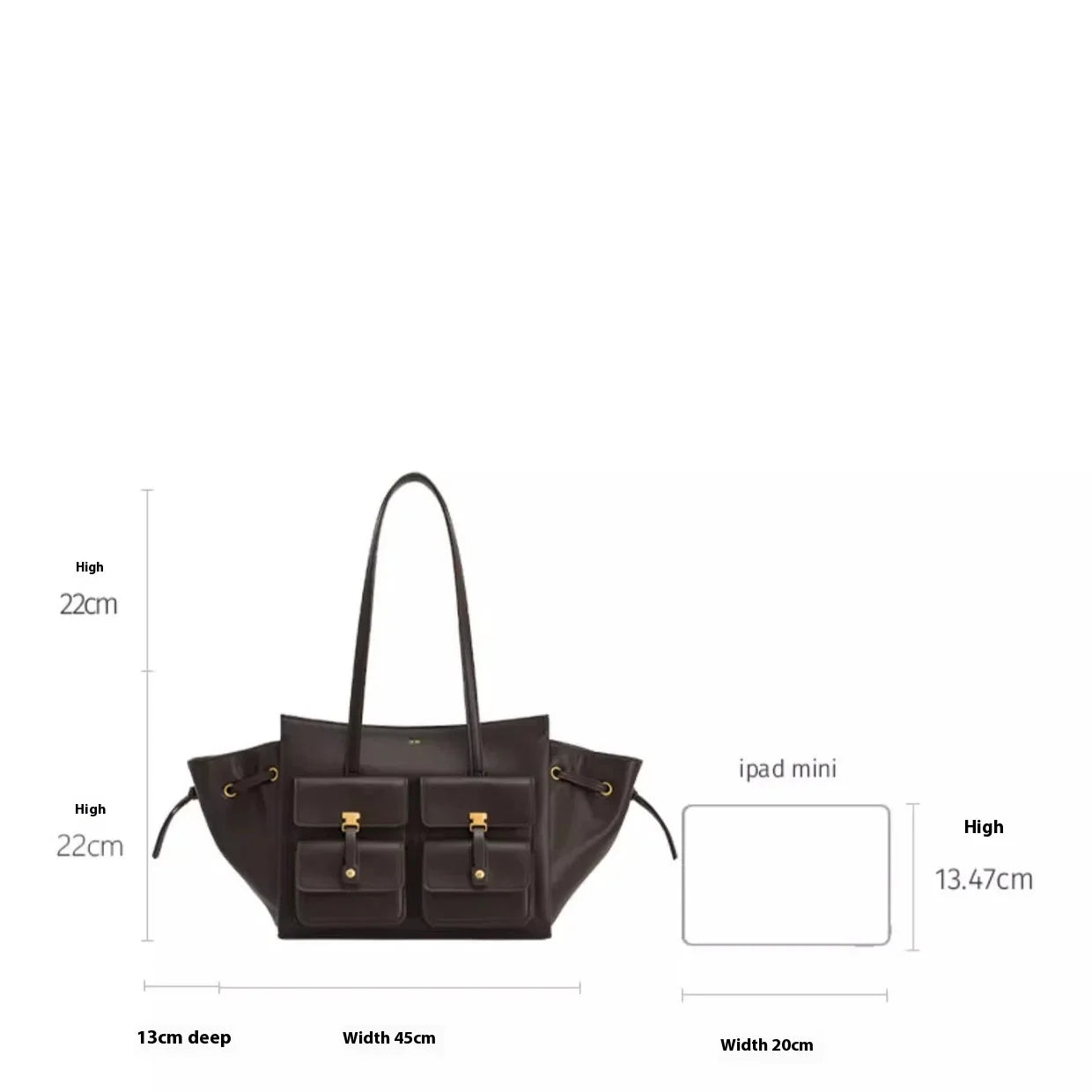 Black handbag with dimensions labeled on a white background